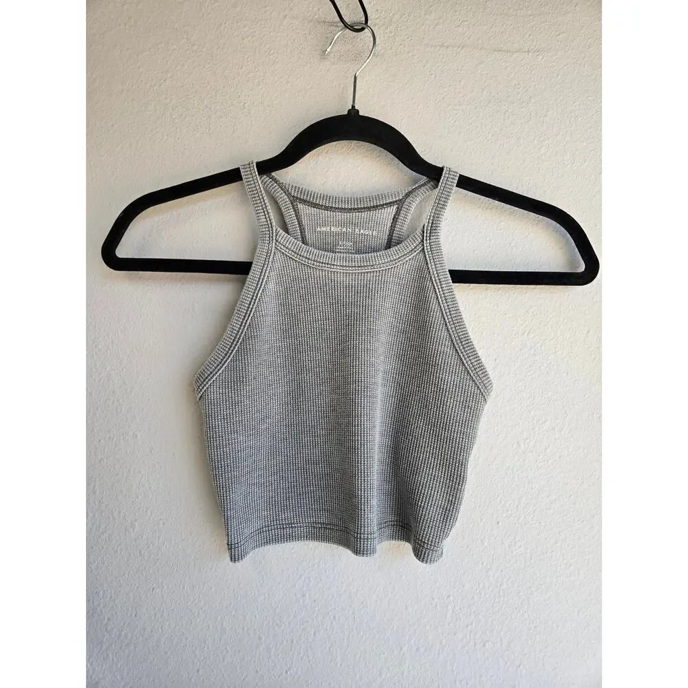 American Eagle Waffle Knit Cropped Tank Top High Neck Racerback Gray Size S‎